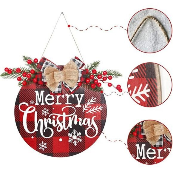 Merry Christmas Decoration Wreath, Christmas Red Plaid Door Hanging Sign 12 inch - Picture 5 of 6